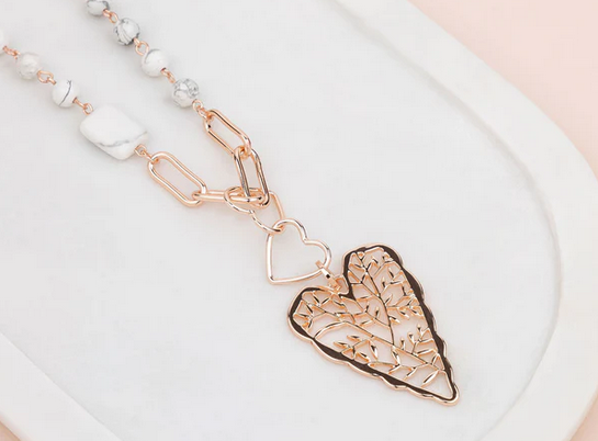 Rose Gold Lacey Heart & White Howlite Stone Pendant Necklace – Millienme